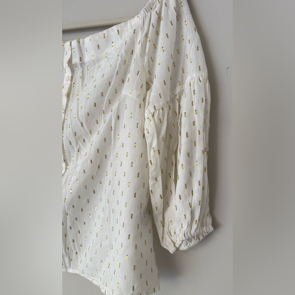 LUCKY BRAND NWT IVORY GOLD METALLIC OFF SHOULDER PEASANT BLOUSE SIZE S BOHO - Picture 9 of 11